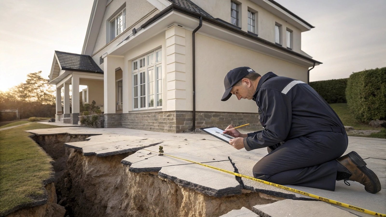 Surveyor inspecting foundation cracks