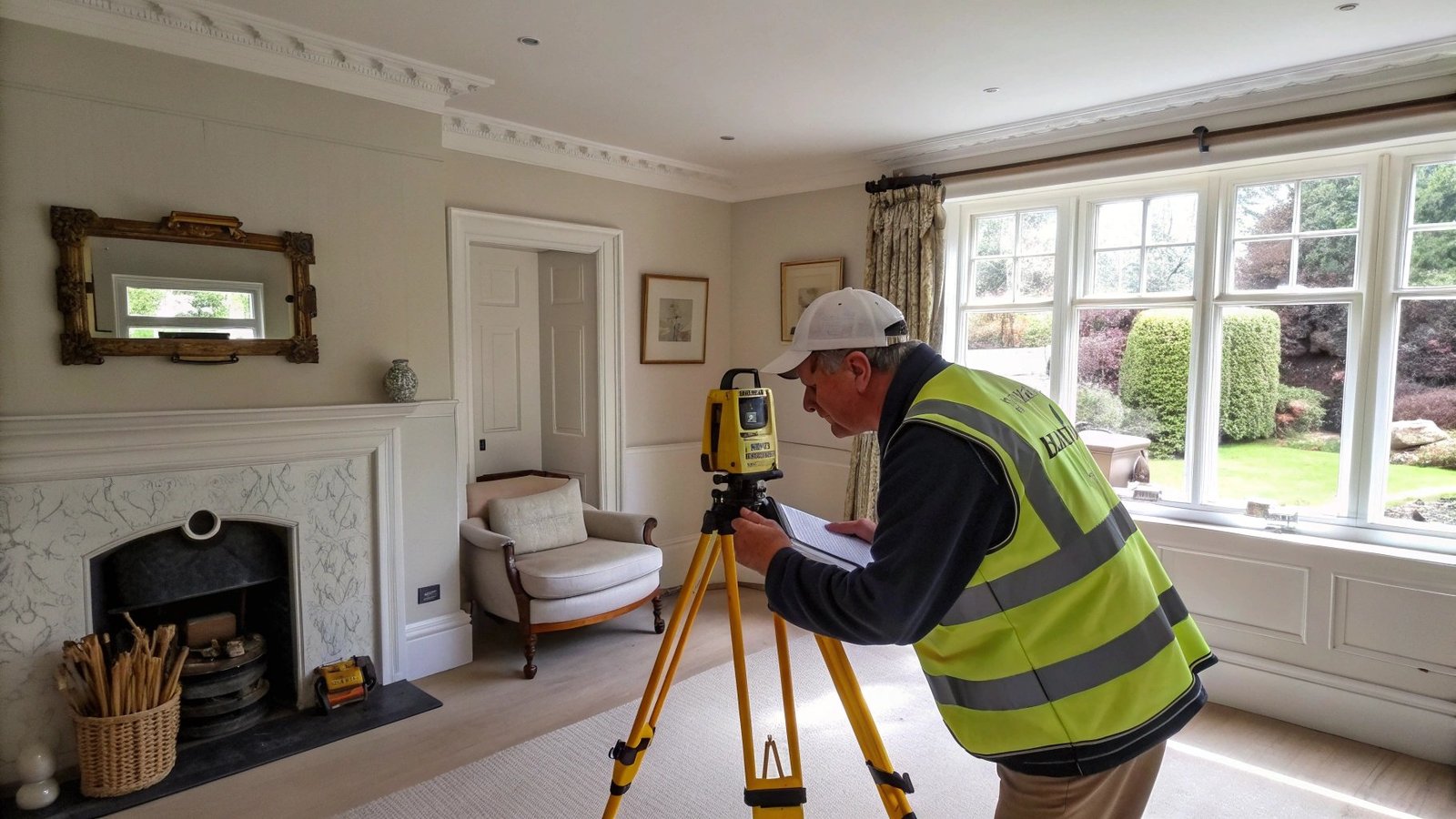 Surveyor conducting property valuation with measuring equipment
